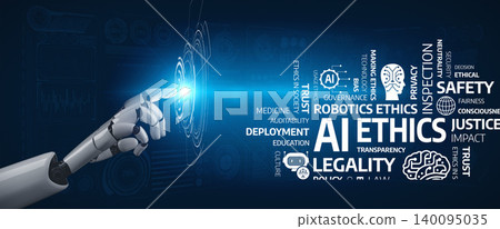 Robotic Hand Touching Glow with AI and Ethics Words Concept, Representing Technology, Governance, and Ethical Considerations in Modern Society. Tessel Robotic Hand Touching Glow with AI and Ethics Words Concept, Representing Technology, Governance, and Ethical Considerations in Modern Society. Tessel 140095035