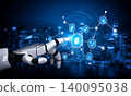 Futuristic Robotic Hand Interacting with Digital Technology Interface in a Modern Urban Environment with Data Connections and Information Exchange. Tessel 140095038