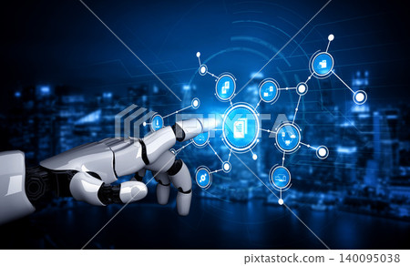 Futuristic Robotic Hand Interacting with Digital Technology Interface in a Modern Urban Environment with Data Connections and Information Exchange. Tessel 140095038