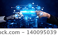 Futuristic Marketing Concept with Human and Robot Hands Interacting Over Digital Technology Interface of Marketing Strategies and Data Analysis. Tessel 140095039