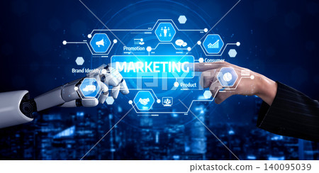 Futuristic Marketing Concept with Human and Robot Hands Interacting Over Digital Technology Interface of Marketing Strategies and Data Analysis. Tessel 140095039