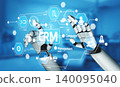Hands of a robotic figure interacting with futuristic user interface icons for customer relationship management and digital marketing solutions. Tessel 140095040