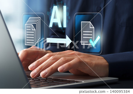 AI-powered document summarization and text processing. Automated content processing and information extraction. AI on a laptop. AI-powered document summarization and text processing. Automated content processing and information extraction. AI on a laptop. 140095384