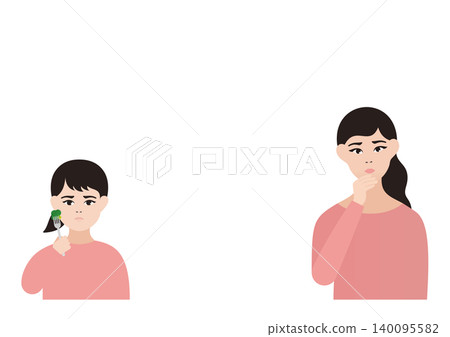 向量圖描繪了一個不愛吃蔬菜的女孩和她擔心她挑食的母親。 向量圖描繪了一個不愛吃蔬菜的女孩和她擔心她挑食的母親。 140095582