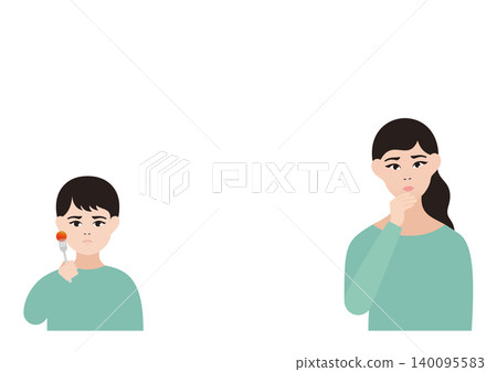 Vector illustration of a boy who dislikes vegetables and his mother who is worried about his picky eating. Vector illustration of a boy who dislikes vegetables and his mother who is worried about his picky eating. 140095583