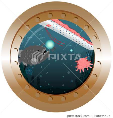 從潛水艇舷窗看到的鮟鱇魚和深海景色(方形橫幅類型) 從潛水艇舷窗看到的鮟鱇魚和深海景色(方形橫幅類型) 140095596