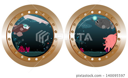 從兩艘潛水艇的舷窗看到的深海景象,包括鮟鱇魚和皺鰓鯊(橫版橫幅類型)。 從兩艘潛水艇的舷窗看到的深海景象,包括鮟鱇魚和皺鰓鯊(橫版橫幅類型)。 140095597