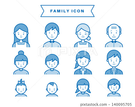 Family and People Icon Set (Blue, Three Generations, Life Stages, Simple, Two Colors, Vector) 140095705