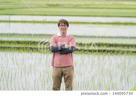 A farmer standing on the embankment of a rice paddy. A farmer standing on the embankment of a rice paddy. 140095730
