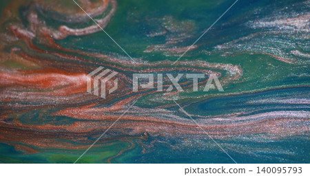 Fluid splash. Emulsion paint. Defocused orange blue green colorful glitter water sparkling mix texture on abstract acrylic background. 140095793