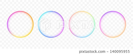 Iridescent rainbow gradient round frame set. Blurred vivid circle border collection. Vibrant color radial banner element pack. Bright colorful bubble box template bundle. Vector sphere  140095955