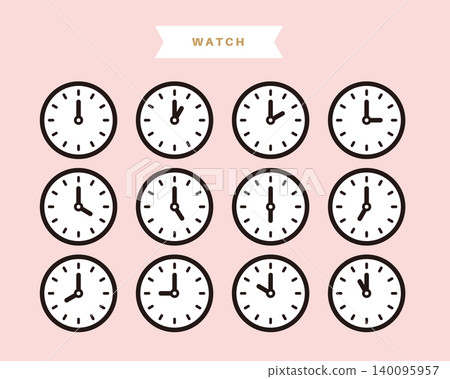 Clock and time icon set (1 o'clock to 12 o'clock, line art, schedule, simple, vector) Clock and time icon set (1 o'clock to 12 o'clock, line art, schedule, simple, vector) 140095957