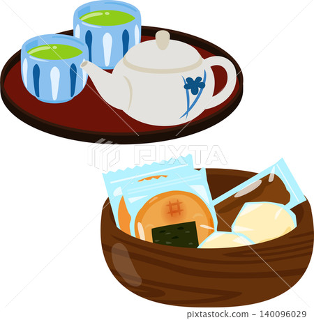 綠茶盛放在托盤上,糖果盛放在木碗中。 綠茶盛放在托盤上,糖果盛放在木碗中。 140096029