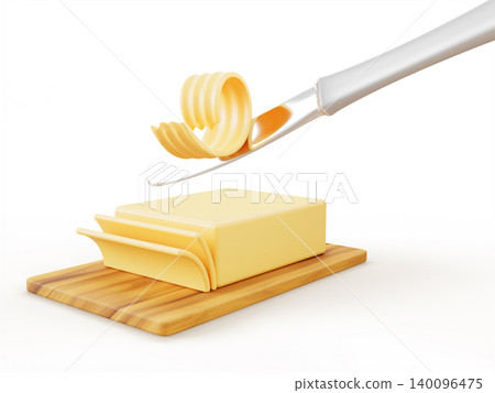Butter block with knife cut curl on wooden tray or dish. Slices of spread and margarine realistic 3d render icon. Natural dairy product with soft creamy texture for cooking breakfast. 3D illustration 140096475