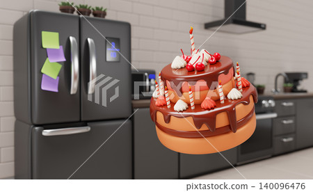 3D birthday cake with chocolate icing, cream and candles in kitchen interior. Home cooking room with furniture, notes on fridge, floating holiday dessert. Homemade pastry b-day party. 3D illustration 140096476