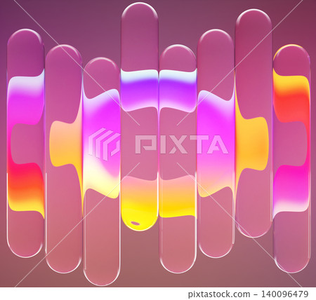 Ribbed fractal glass texture background. Transparent prismatic glass refract light in vibrant distorted shapes, liquid bubbles, neon ripple effect. Modern wallpaper, elegant aesthetic. 3D illustration 140096479