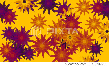 A vibrant floral pattern with colorful flowers blooming against a yellow background. 140096603