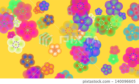 A colorful, translucent pattern of plum blossoms spread across a yellow background. A colorful, translucent pattern of plum blossoms spread across a yellow background. 140096605