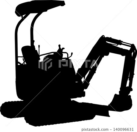 Silhouette of a hydraulic excavator viewed from a diagonal rear angle. Silhouette of a hydraulic excavator viewed from a diagonal rear angle. 140096631