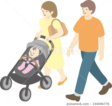 一家三口推著嬰兒車外出（育兒/散步）的等距插圖。 140096776
