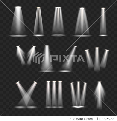 Realistic White Spotlight Beams Set. Vector Stage Illumination and Projector Light Rays on Transparent Background. Realistic White Spotlight Beams Set. Vector Stage Illumination and Projector Light Rays on Transparent Background. 140096928