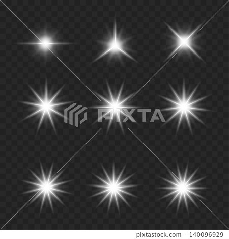 Realistic White Glowing Starburst Set. Vector Light Flare, Sparkle and Sunburst Effects on Transparent Background. 140096929