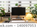 Modern contemporary work table setup with wooden desk 140097053