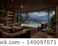 Modern contemporary living room with a breathtaking mountain view 3d render. 140097071