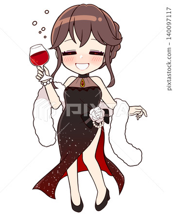 穿著長裙的女子喝醉了（動漫風格）。 140097117