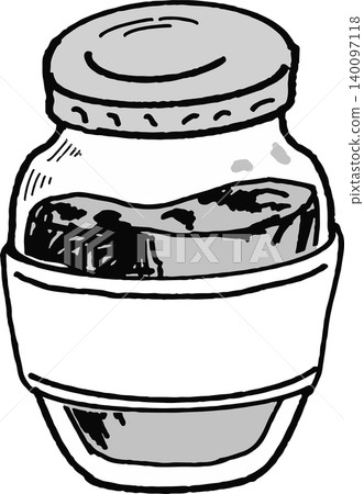 Hand-drawn monochrome illustration of a jar with a plain label (jam, sauce, condiment, food container) Hand-drawn monochrome illustration of a jar with a plain label (jam, sauce, condiment, food container) 140097118