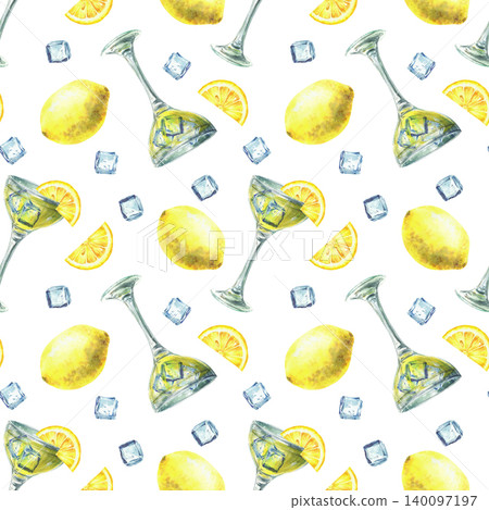 Watercolor Limoncello glass with ice cubes and lemon slice seamless pattern. Yellow drink, beverage, traditional Italian alcoholic liqueur. Hand drawn illustration on Isolated white background print. Watercolor Limoncello glass with ice cubes and lemon slice seamless pattern. Yellow drink, beverage, traditional Italian alcoholic liqueur. Hand drawn illustration on Isolated white background print. 140097197