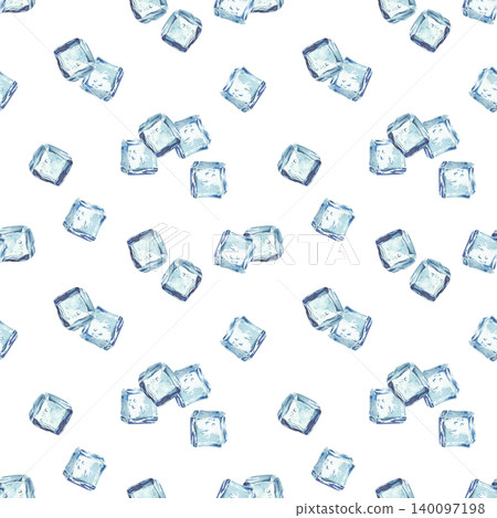 Watercolor Ice cubes seamless pattern. Realistic blue, square frozen pieces of ice cubes hand painted design on isolated white background for fabric, packaging refreshing water, drinks, wrapping paper Watercolor Ice cubes seamless pattern. Realistic blue, square frozen pieces of ice cubes hand painted design on isolated white background for fabric, packaging refreshing water, drinks, wrapping paper 140097198