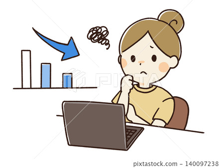 A hand-drawn illustration of a woman struggling in front of a computer. A hand-drawn illustration of a woman struggling in front of a computer. 140097238