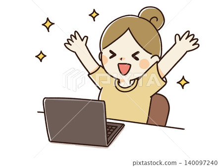 A hand-drawn illustration of a woman happily sitting in front of a computer. A hand-drawn illustration of a woman happily sitting in front of a computer. 140097240