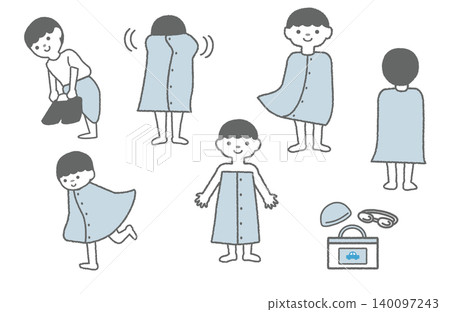 Pool opening, swimming lessons, changing clothes, wrap towel, boy, elementary school student, full body, back view, set Pool opening, swimming lessons, changing clothes, wrap towel, boy, elementary school student, full body, back view, set 140097243