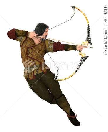 3D Archer in Medieval Attire Drawing Bow 140097313