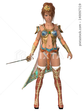 3D Female Warrior in Ornate Armor with Sword 3D Female Warrior in Ornate Armor with Sword 140097319