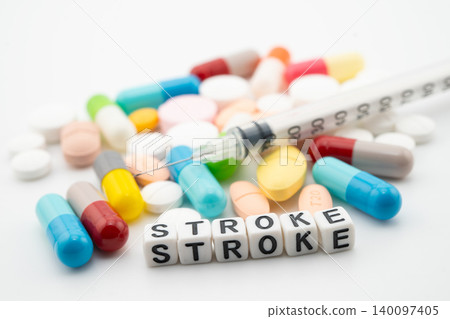 Stroke word with pills and capsules medical drug. Stroke word with pills and capsules medical drug. 140097405