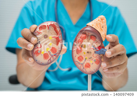 Chronic kidney disease, Asian woman with model for treatment urinary system, urology, Estimated glomerular filtration rate eGFR. Chronic kidney disease, Asian woman with model for treatment urinary system, urology, Estimated glomerular filtration rate eGFR. 140097409