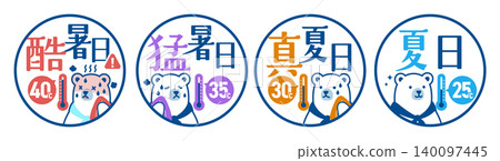 夏季高溫等級圖示集（夏日、盛夏、酷暑、酷熱），內含北極熊角色[線稿版] 140097445