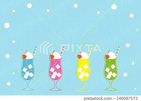 A colorful cream soda float topped with ice cream and a cherry. (Background illustration) 140097572