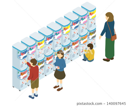 Isometric illustration: People playing with capsule toy machines Isometric illustration: People playing with capsule toy machines 140097645