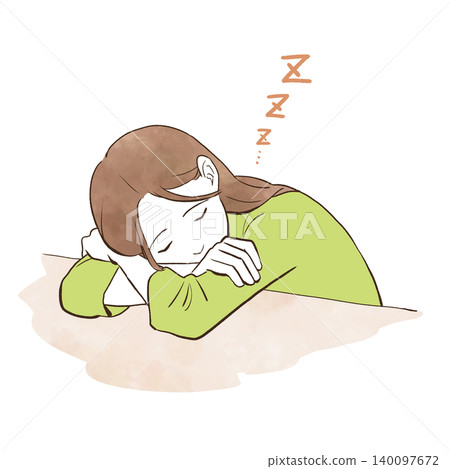一位年輕女子趴在桌上睡覺——水彩風格手繪插圖。 140097672