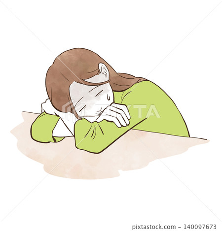 A young woman looking exhausted, slumped over a desk - watercolor-style hand-drawn illustration. 140097673