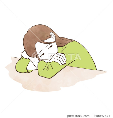 一位表情憂鬱的年輕女子伏在桌上——水彩風格的手繪插圖。 一位表情憂鬱的年輕女子伏在桌上——水彩風格的手繪插圖。 140097674
