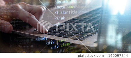 hand on laptop mix media banner hand on laptop mix media banner 140097844