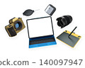 Photo equipment with laptop, camera, lens, mouse, and drawing pad on white background, concept of creativity and digital workflow 140097947