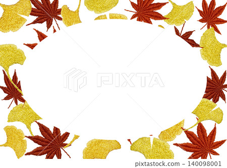 [Horizontal frame of autumn leaves and ginkgo leaves] Hand-embroidered illustration material 140098001