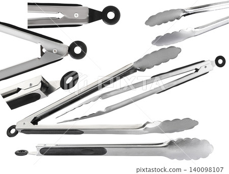 Barbecue and grill spatula bottle hook tongs tools set on White Background 140098107