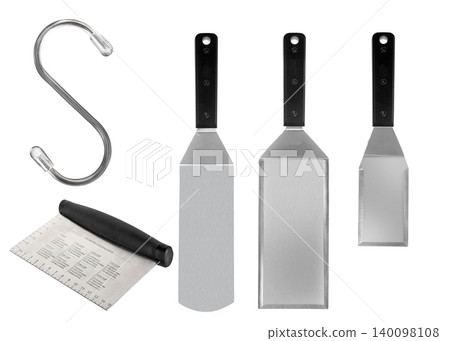 Barbecue and grill spatula bottle hook tongs tools set on White Background Barbecue and grill spatula bottle hook tongs tools set on White Background 140098108